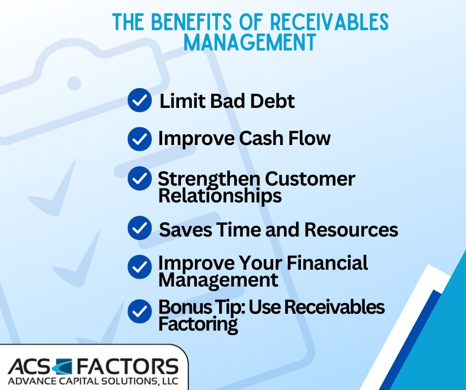 Graphic lists the benefits of receivables management: Limit bad debt, improve cash flow, strengthen customer relationships, save time and resources, improve your financial management, and bonus tip: use receivables factoring