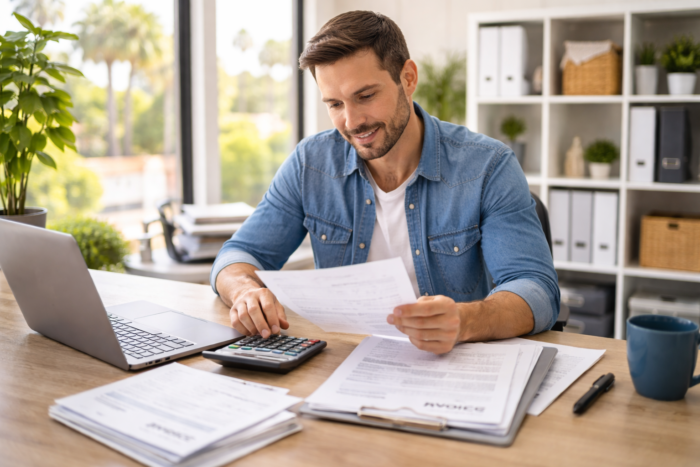 invoice factoring California business owner reviewing invoices and financial documents